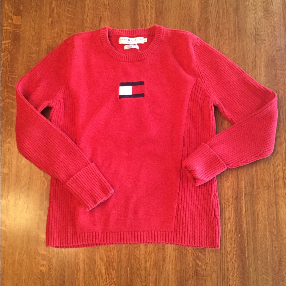 Vintage Red Tommy Hilfiger Logo Cotton Sweater, L